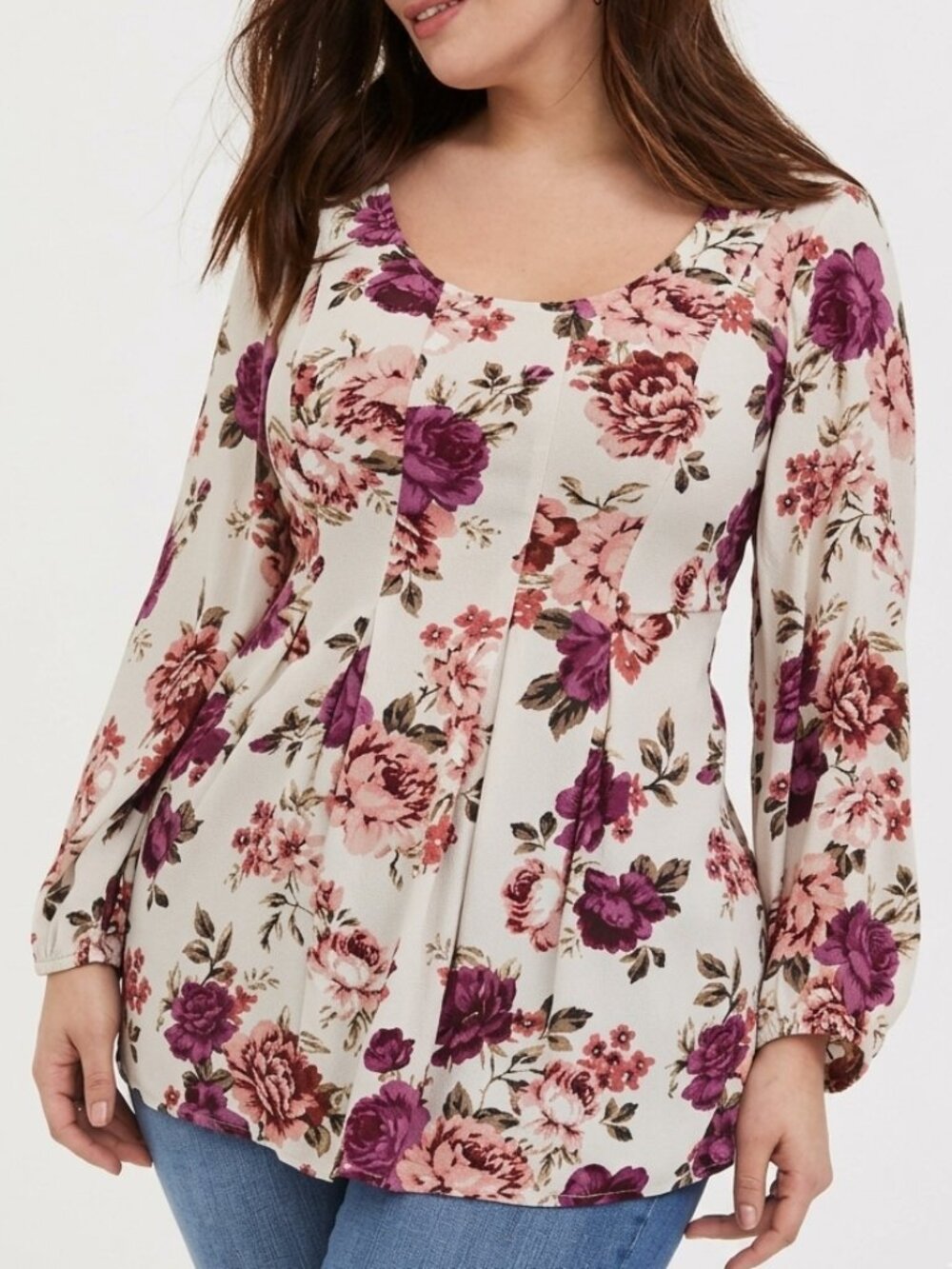 TORRID 1 Plus Size Ivory Rose Crinkle Gauze Pleated Fit & Flare Blouse Cream 1X